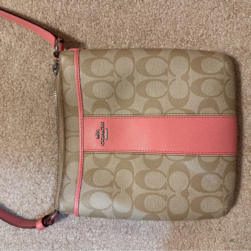 Coach Signature Tan and Pink Crossbody Bag